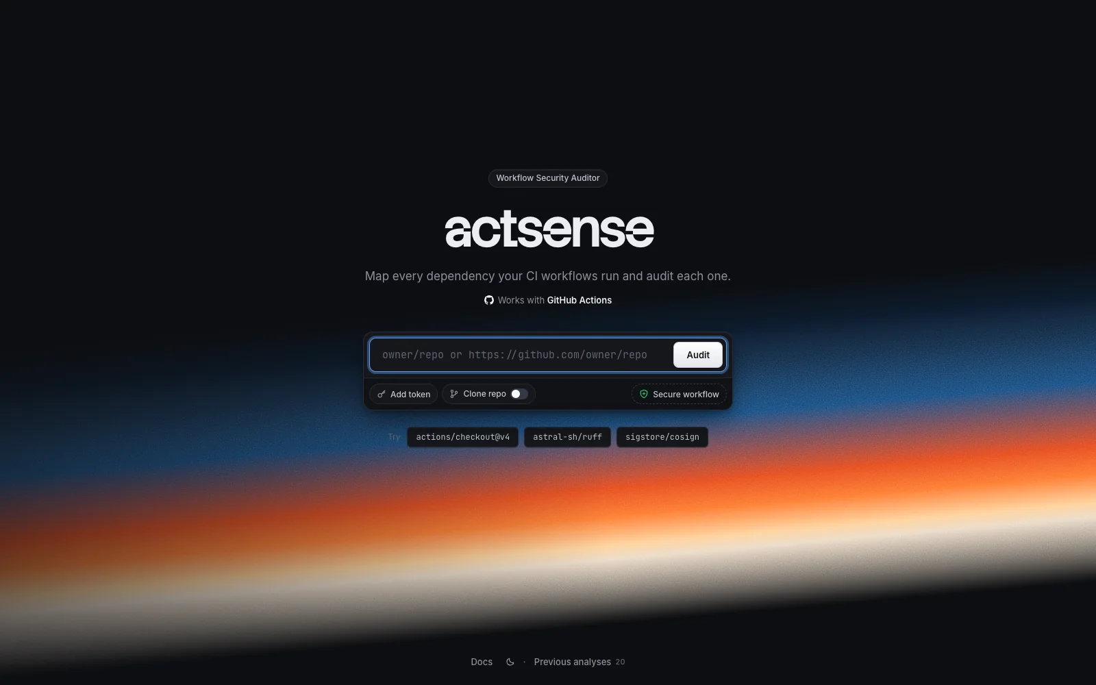 The actsense start screen with the audit input, token and clone options, and example audits