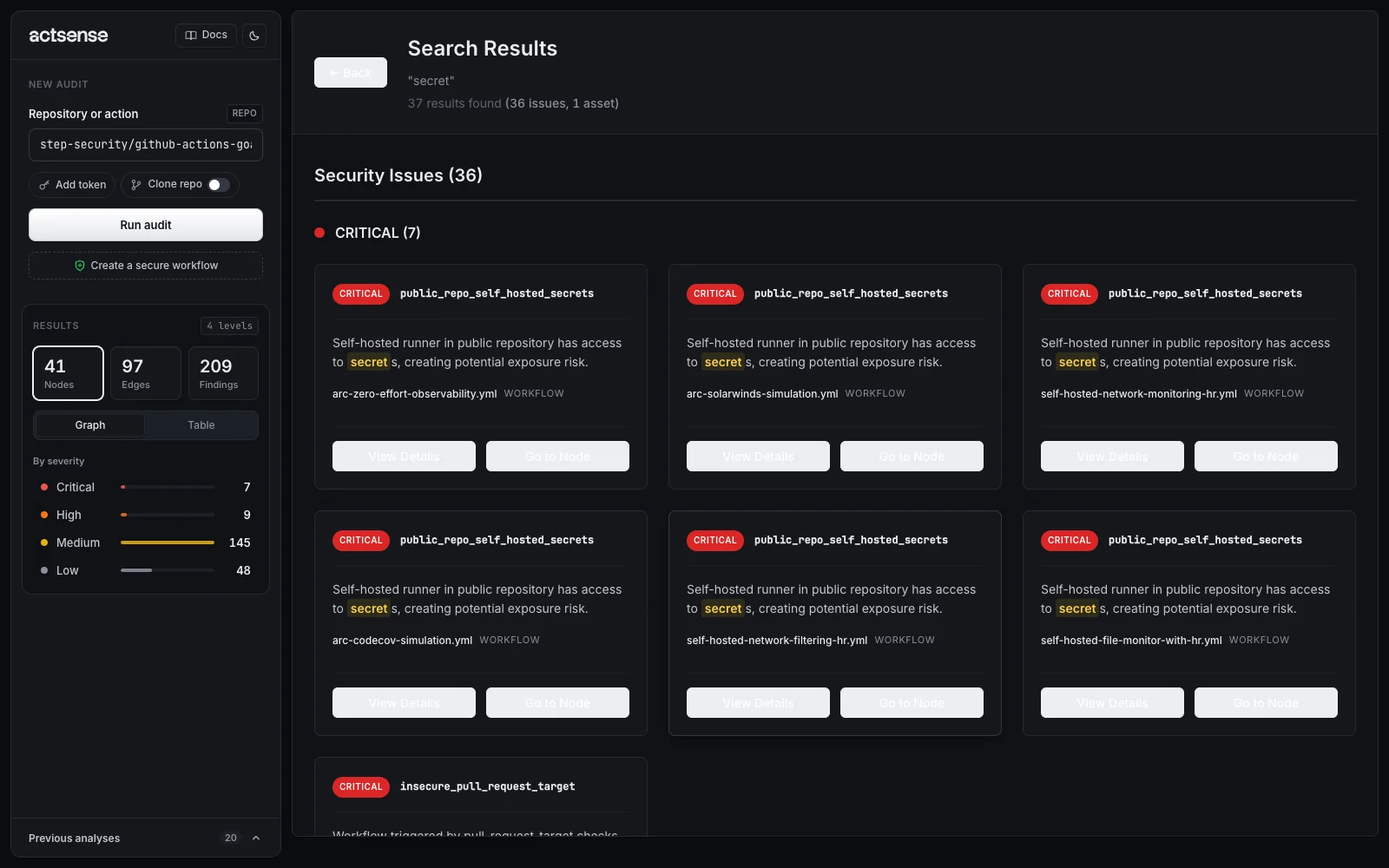 The search results page listing 37 results for 'secret', grouped by severity