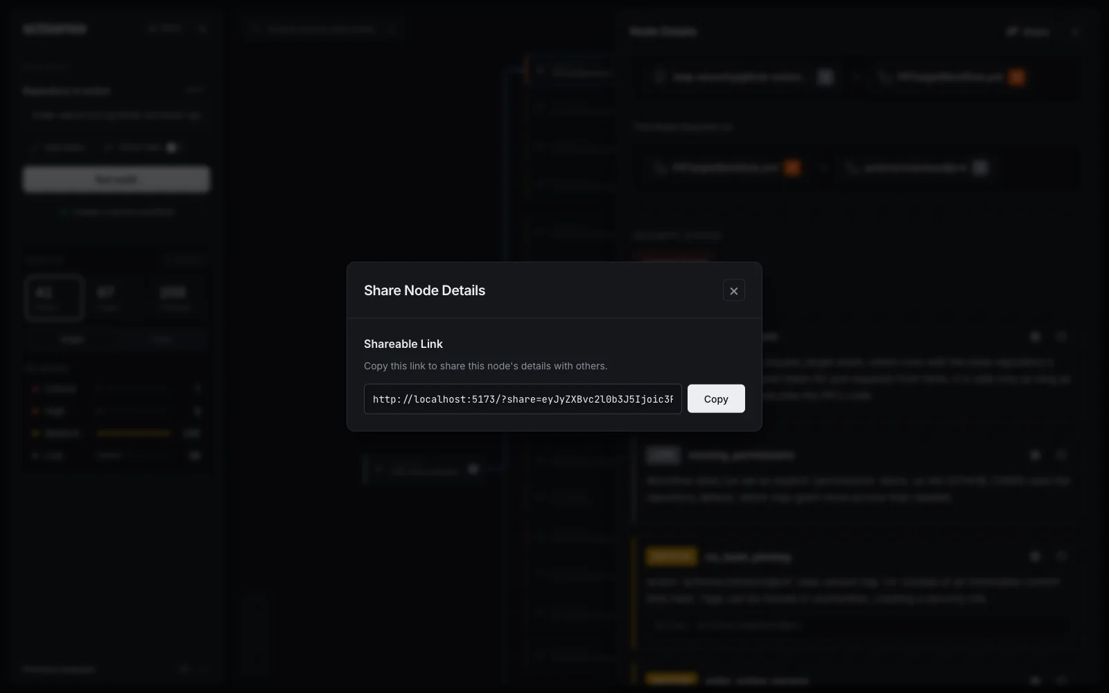 The Share Node Details dialog with a shareable link and a Copy button